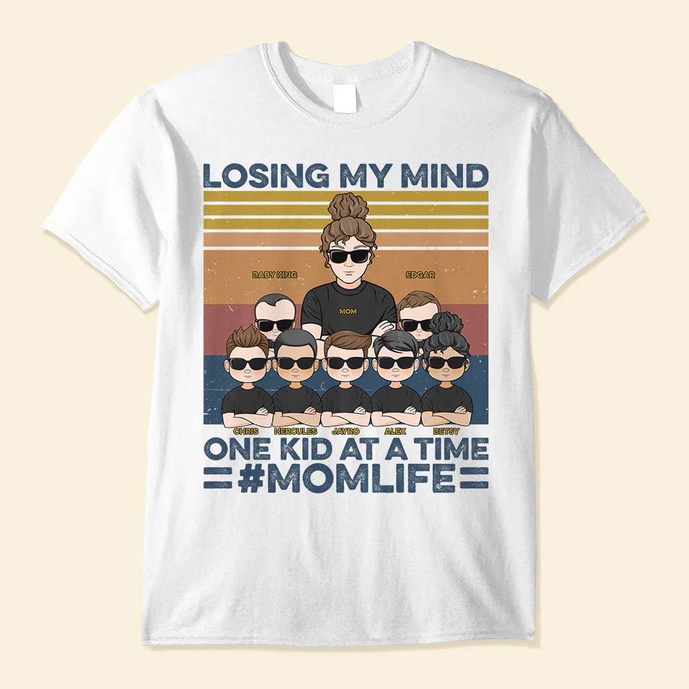 Losing My Mind One Kid At A Time – Personalized Shirt – Mom And Kids Illustration