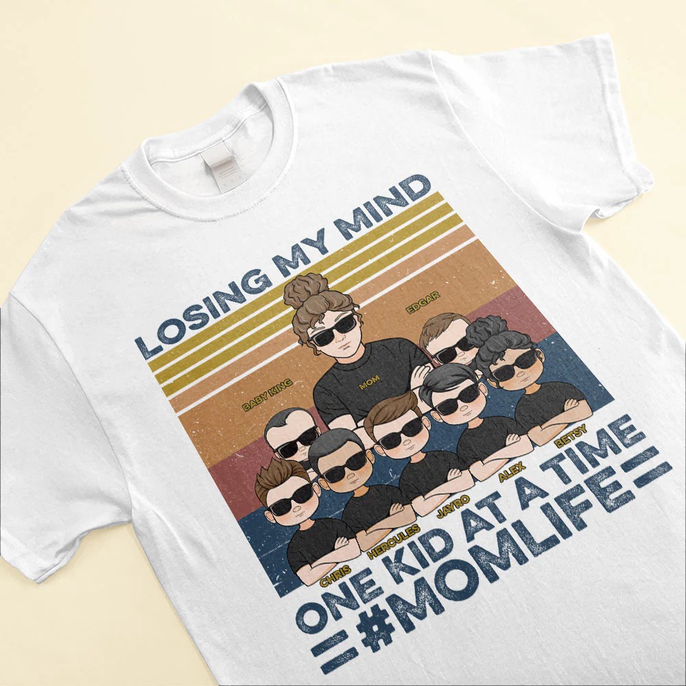 Losing My Mind One Kid At A Time – Personalized Shirt – Mom And Kids Illustration