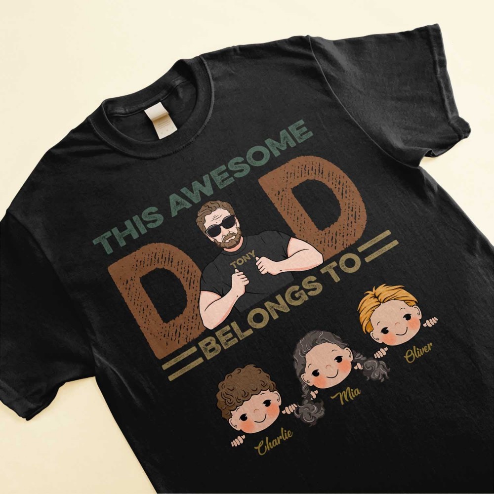 This Awesome Dad Grandpa Belongs To – Personalized Shirt – Cute Kids Peeking