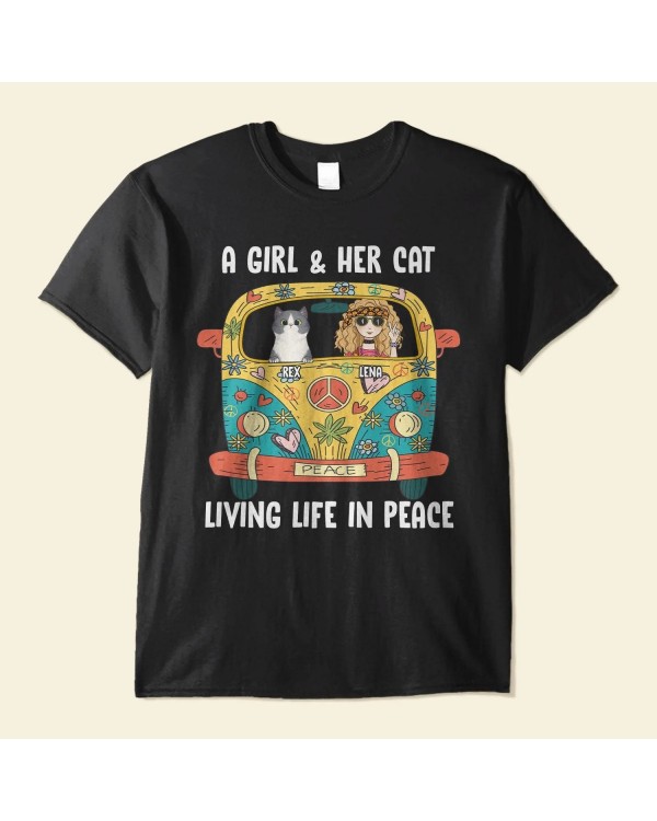 A Girl And Her Cat Peace – Personalized Shirt – Gift For Cat Lover Hippie Hippie Girl